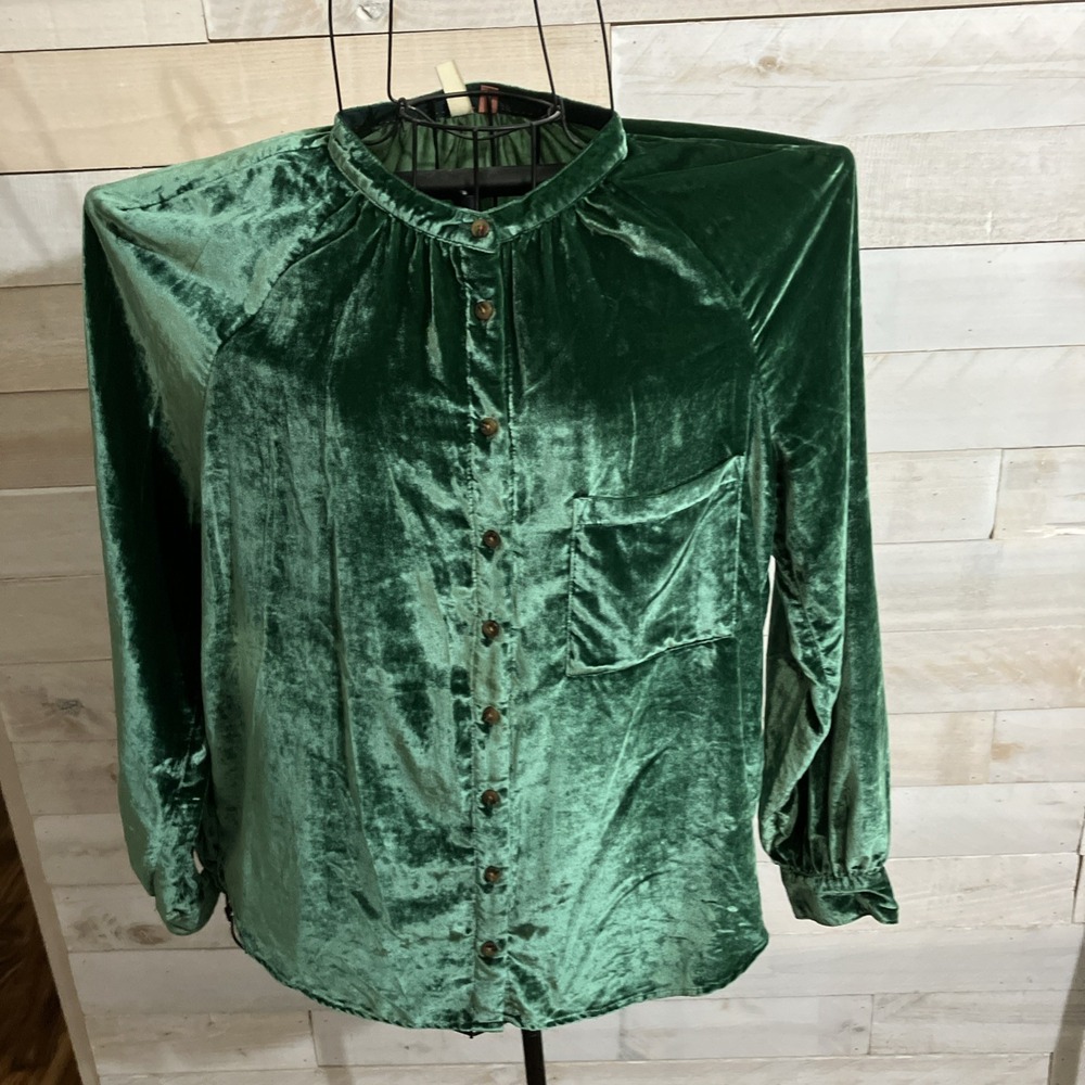 Relaxed Velvet Buttondown Shirt Anthropologie Pilcro Hadley Green Size L